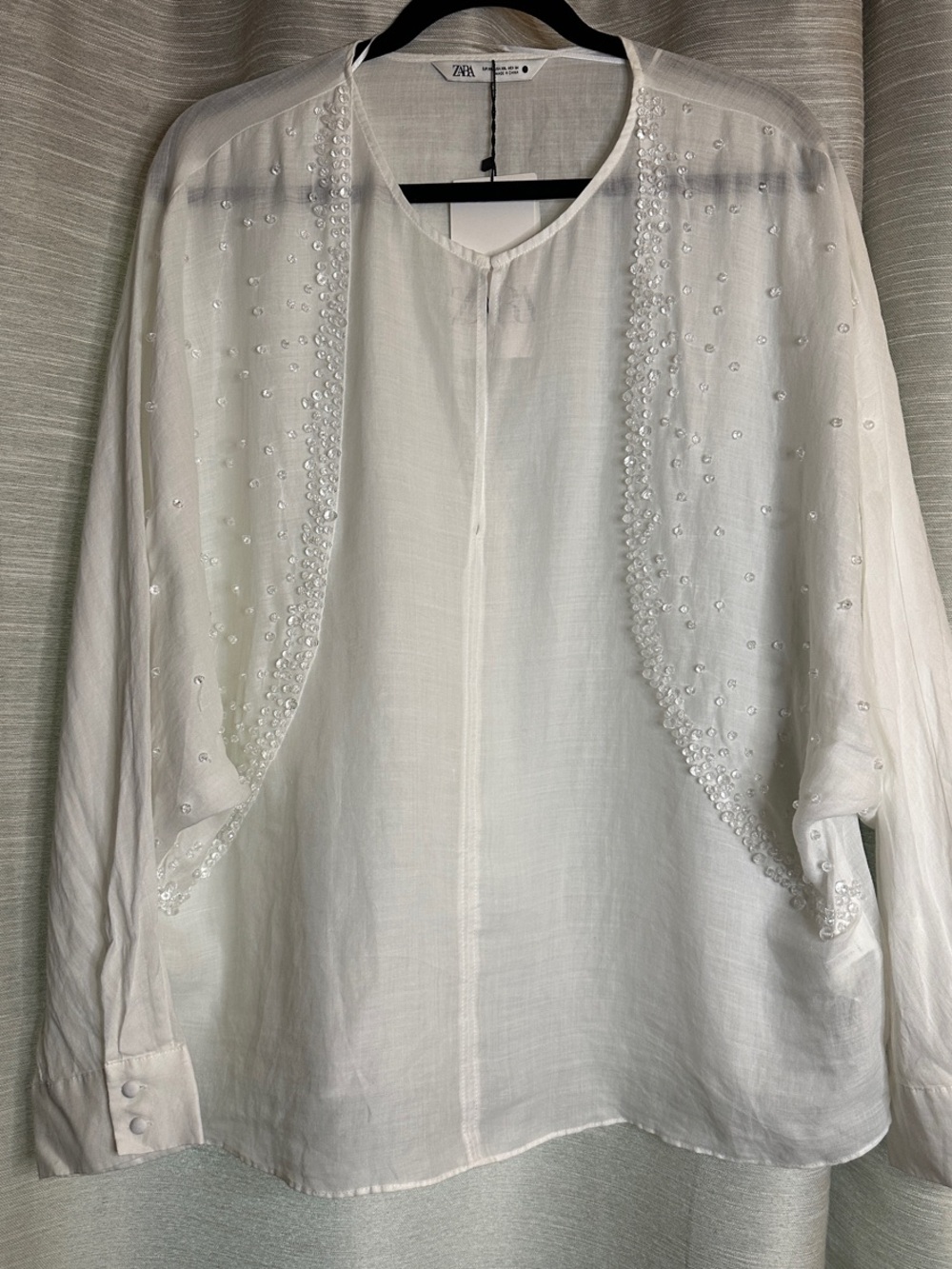 ZARA White Linen Beaded Batwing-Sleeve Blouse